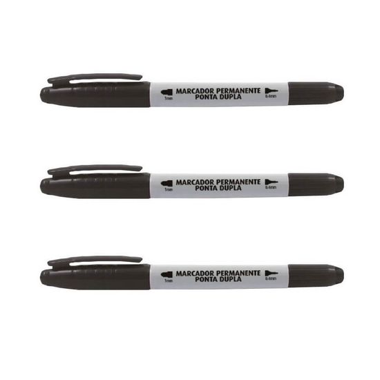 Kit com 3 Marcadores Permanente Ponta Dupla - Acrilex - Preto